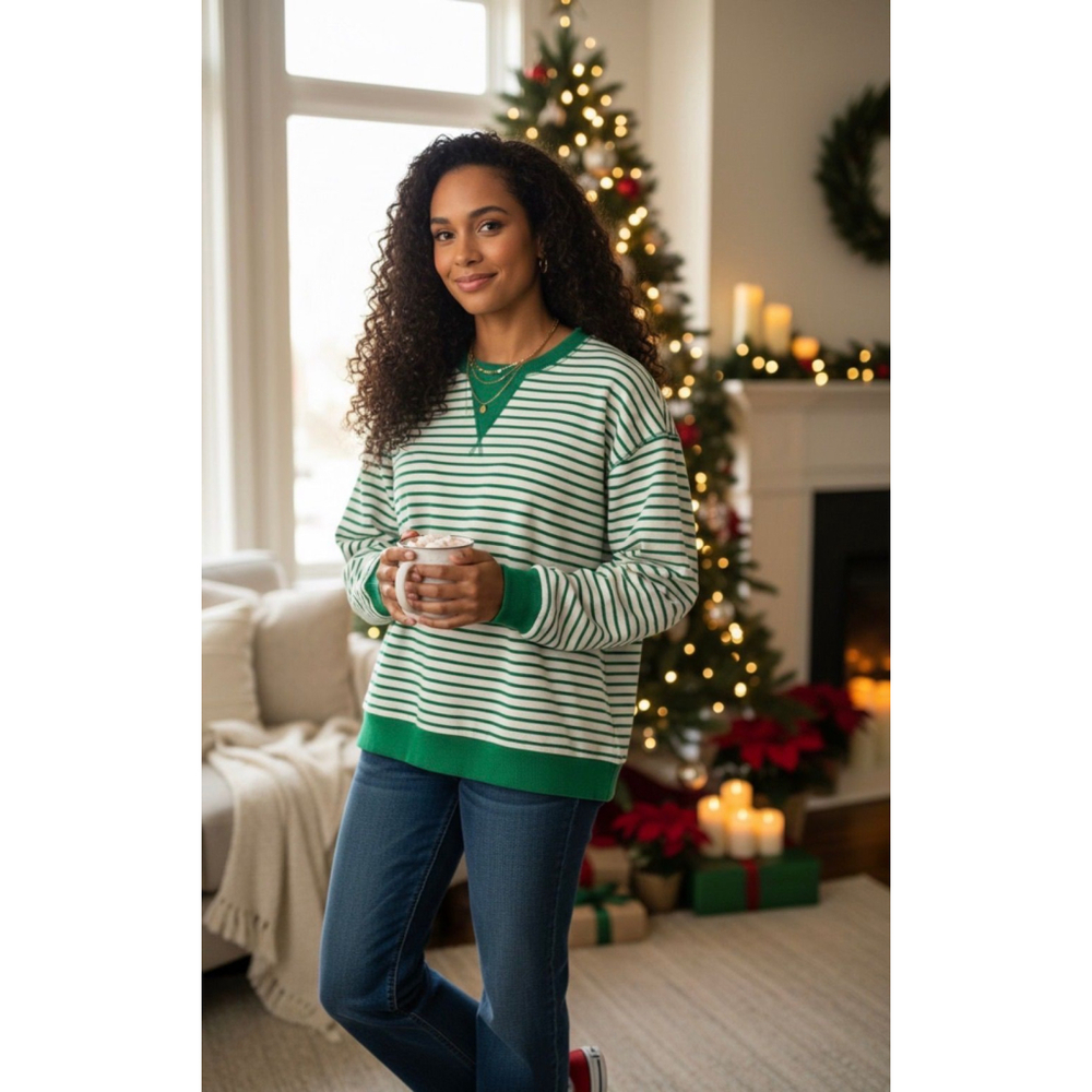 Lovesoft Green Striped Exposed Seams Crewneck Small